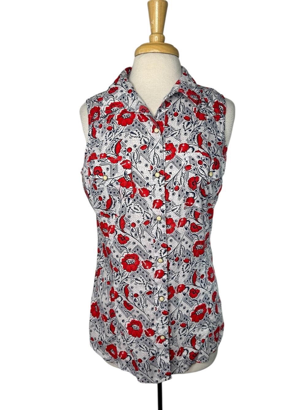 WRANGLER RETRO Floral Snap Front Collared Sleeveless Top Sz Large Red White Blue